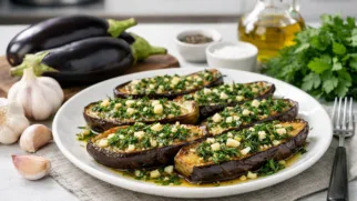 Фото рецепта: Баклажаны запеченные с чесноком зеленью и оливковым маслом