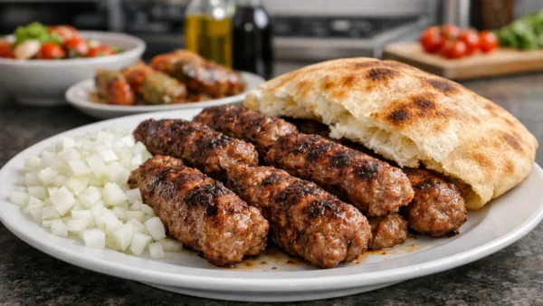 Балканские чевапчичи с луком на тарелке