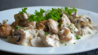 Фото рецепта: Балык в сливочном соусе с грибами