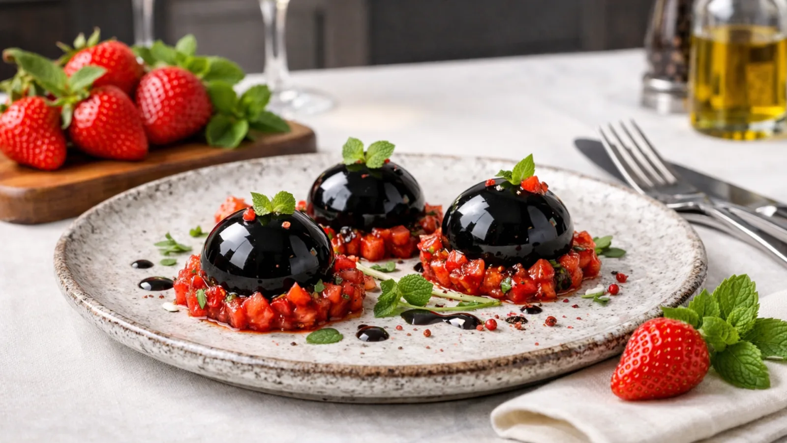 Фото блюда: Бальзамические сферы с клубничным тартаром рецепт десерта молекулярной кухни