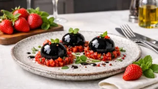 Фото рецепта: Бальзамические сферы с клубничным тартаром рецепт десерта молекулярной кухни