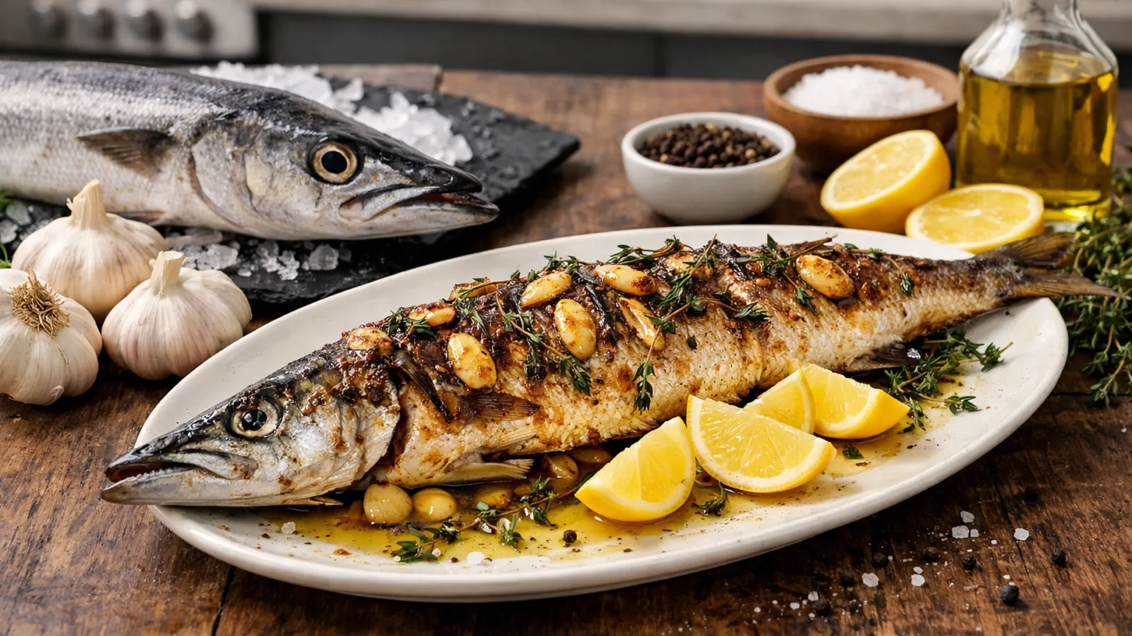 Фото блюда: Сочная барракуда запечённая с чесноком и лимоном