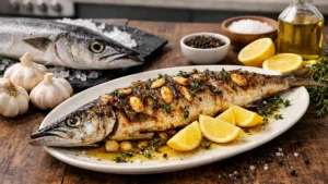 Фото блюда: Сочная барракуда запечённая с чесноком и лимоном