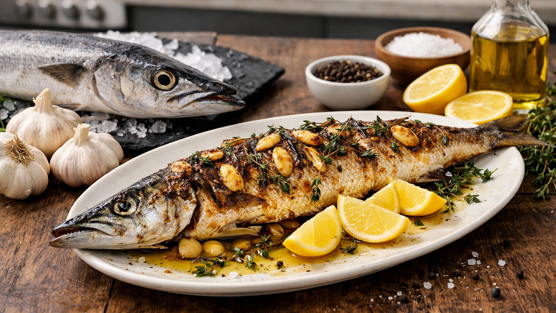 Фото блюда: Сочная барракуда запечённая с чесноком и лимоном