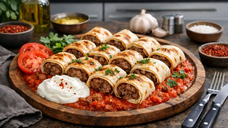 Фото блюда: Бейти кебаб из баранины в лаваше с томатным соусом