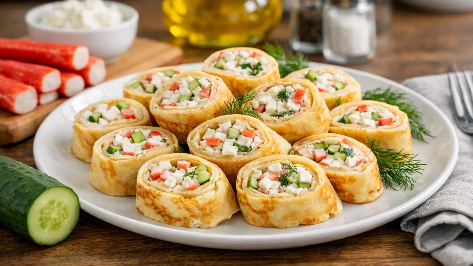 Фото блюда: Блинные рулетики с крабовыми палочками