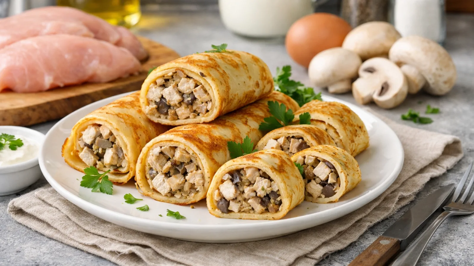 Фото блюда: Блинные рулетики с курицей и грибами