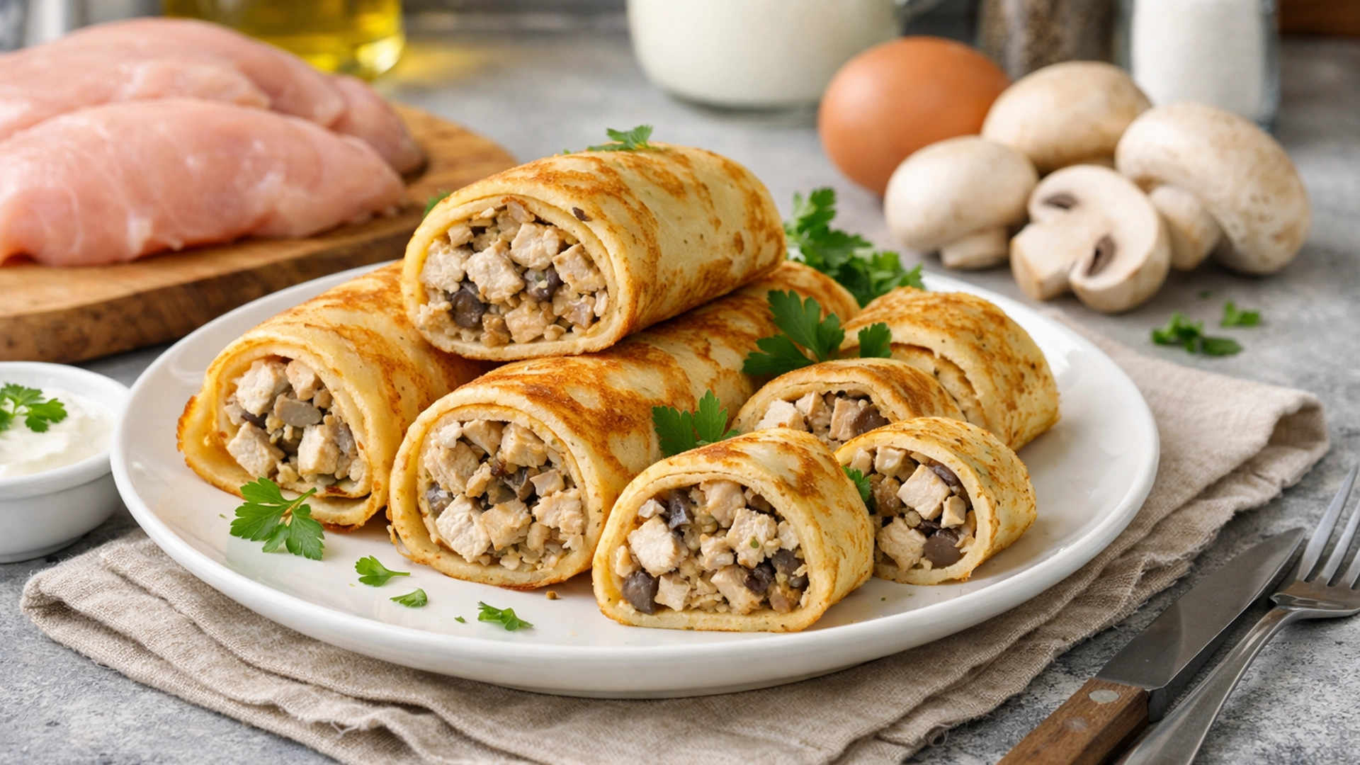 Фото блюда: Блинные рулетики с курицей и грибами