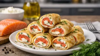 Фото рецепта: Блинные рулетики с лососем и сливочным сыром