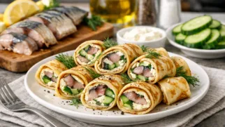 Фото рецепта: Блинные рулетики с слабосоленой скумбрией