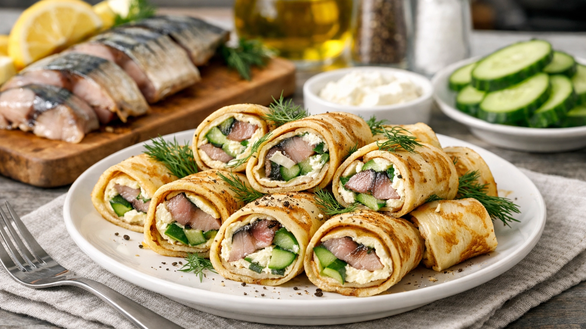 Фото блюда: Блинные рулетики с слабосоленой скумбрией