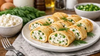 Фото рецепта: Блинные рулетики с творогом и зеленью