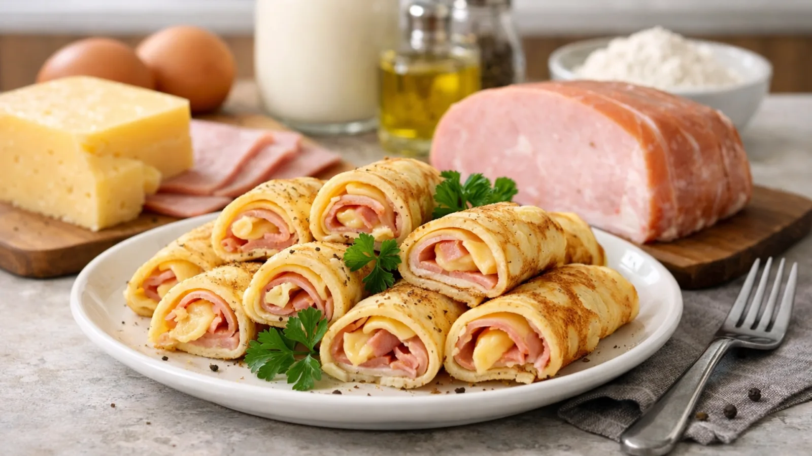 Фото блюда: Блинные рулетики с ветчиной и сыром