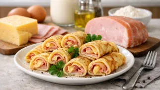 Фото рецепта: Блинные рулетики с ветчиной и сыром