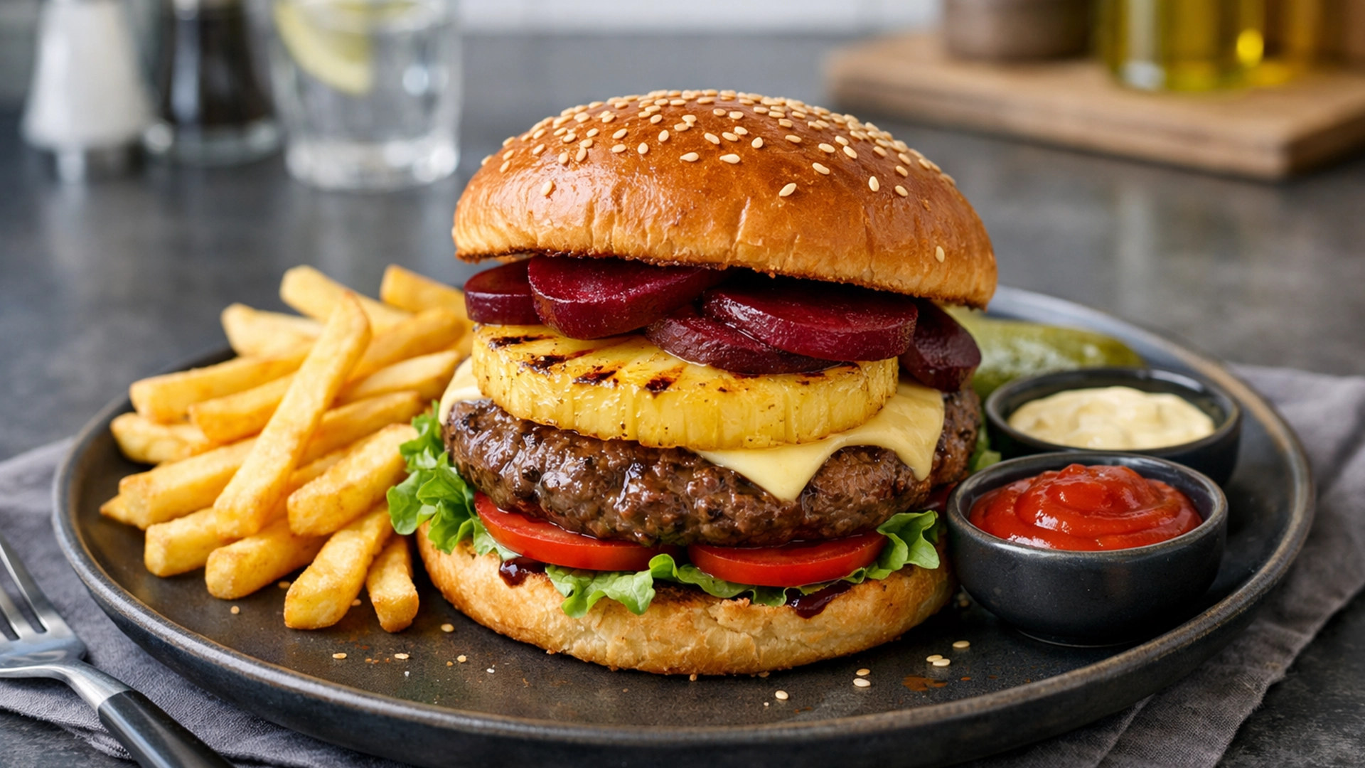 Фото блюда: Бургер с ананасом и свеклой по-австралийски