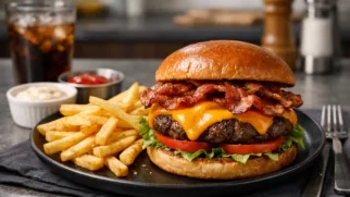 Фото рецепта: Бургер с сыром чеддер и беконом классический рецепт