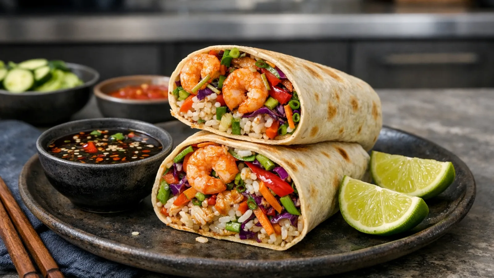 Фото блюда: Буррито с креветками и азиатским соусом рецепт яркого блюда фьюжн кухни