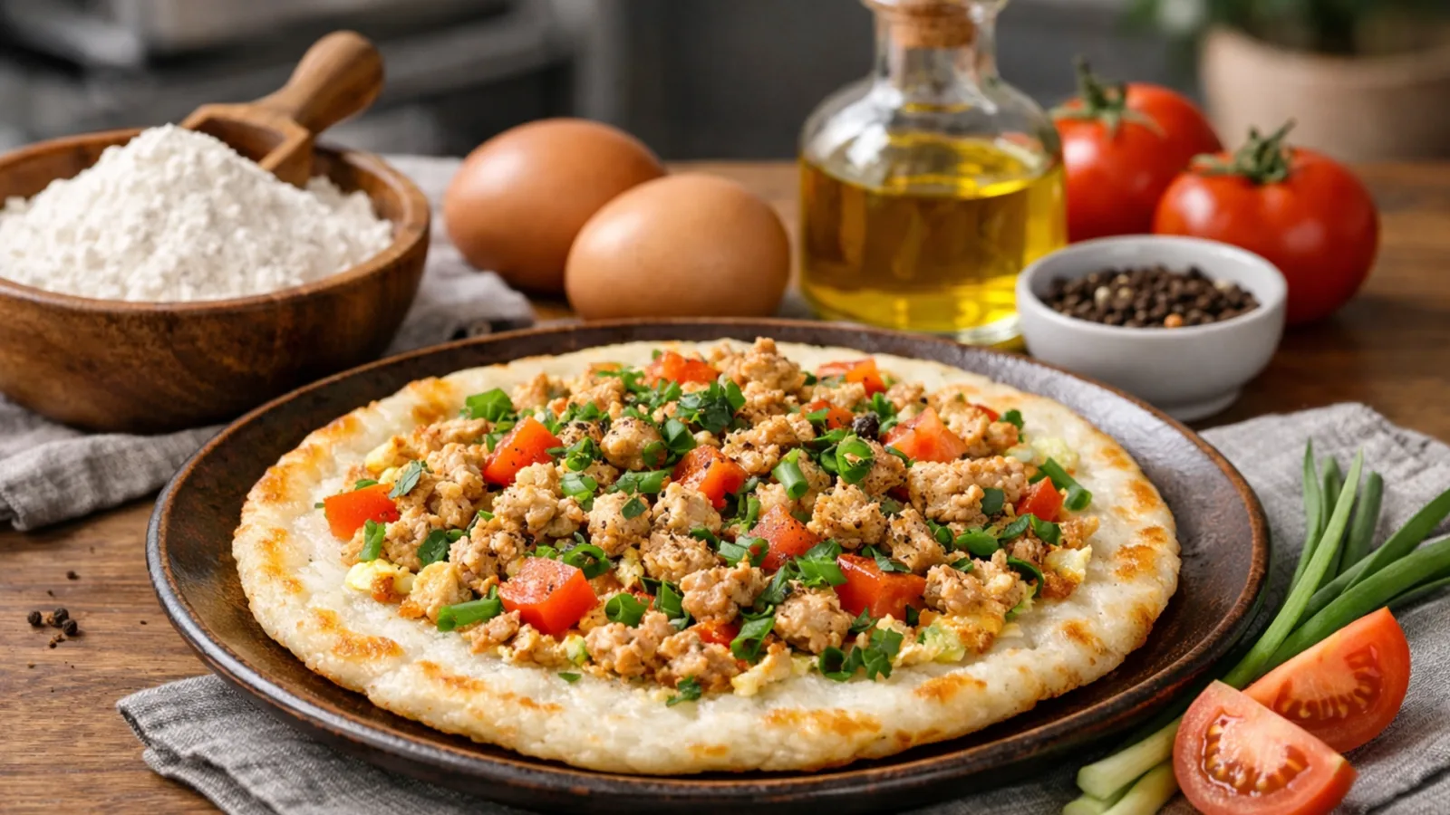 Фото блюда: Хрустящая чатамари рисовая лепешка с начинкой