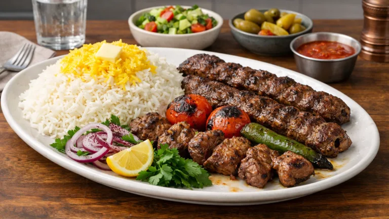 Фото блюда: Иранский чело-кебаб с рисом и шашлыком из баранины