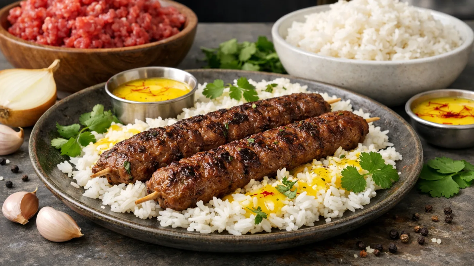Фото блюда: Ароматный чело кебаб с рисом и шафрановым маслом