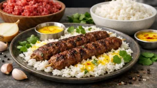 Фото рецепта: Ароматный чело кебаб с рисом и шафрановым маслом