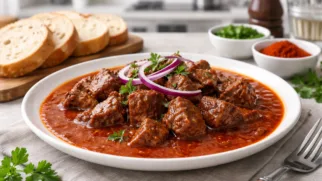 Фото рецепта: Чешский гуляш из говядины с паприкой насыщенный рецепт чешской кухни