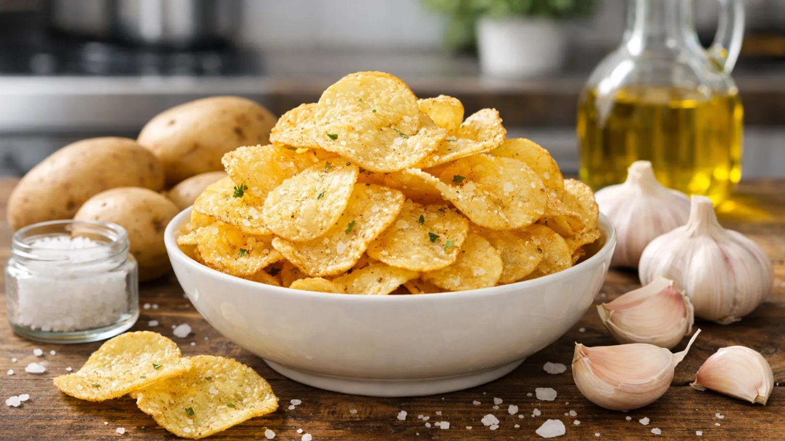 Фото блюда: Чипсы картофельные с чесноком и солью, рецепт с фото