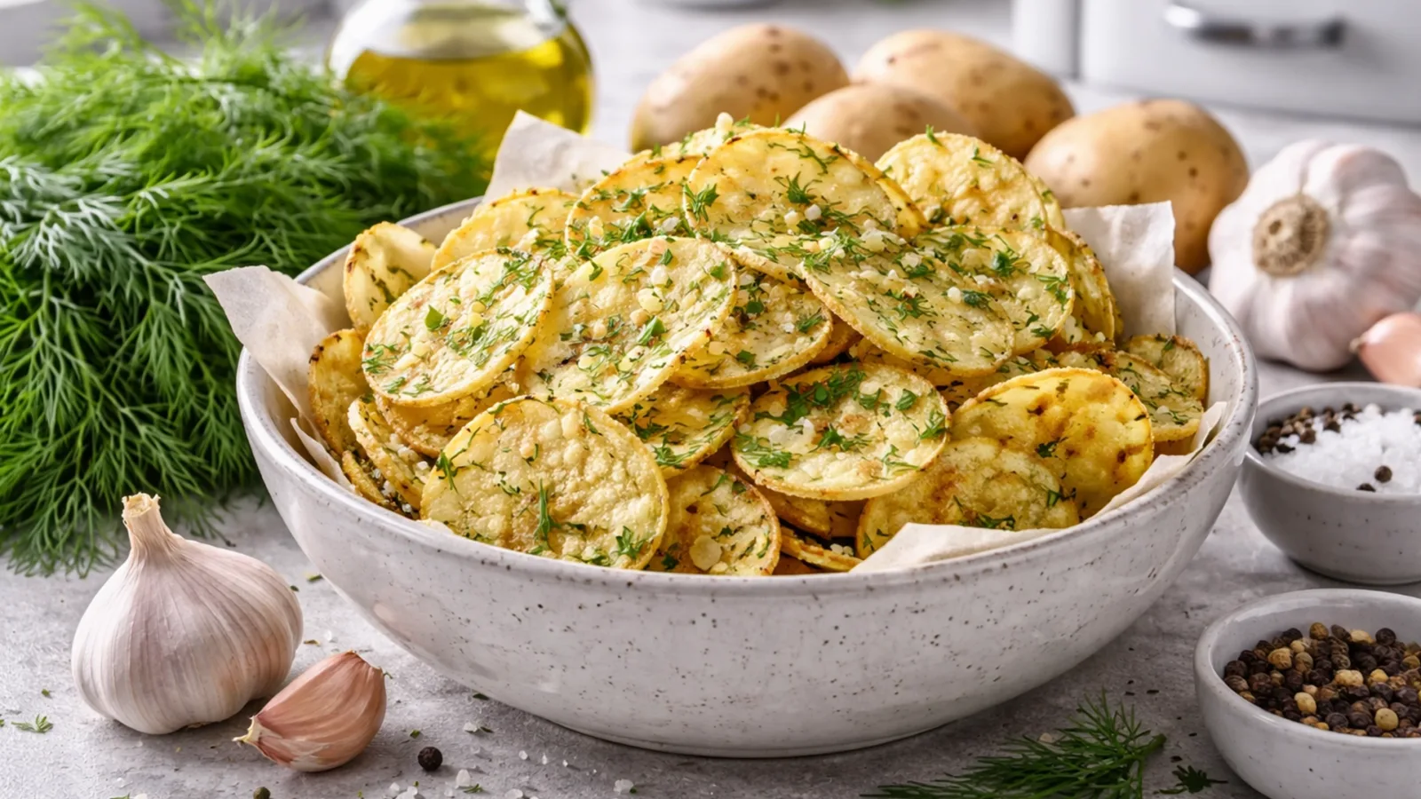 Фото блюда: Чипсы картофельные с чесноком и зеленью