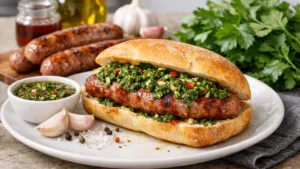 Фото блюда: Чорипан с колбаской и соусом чимичурри