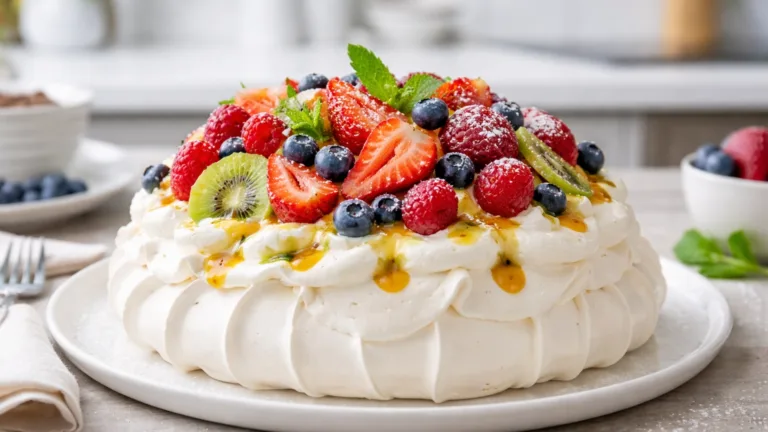 Фото блюда: Десерт павлова из хрустящего безе со сливками и фруктами