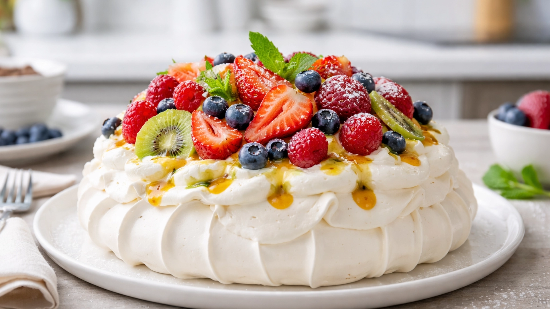 Фото блюда: Десерт павлова из хрустящего безе со сливками и фруктами