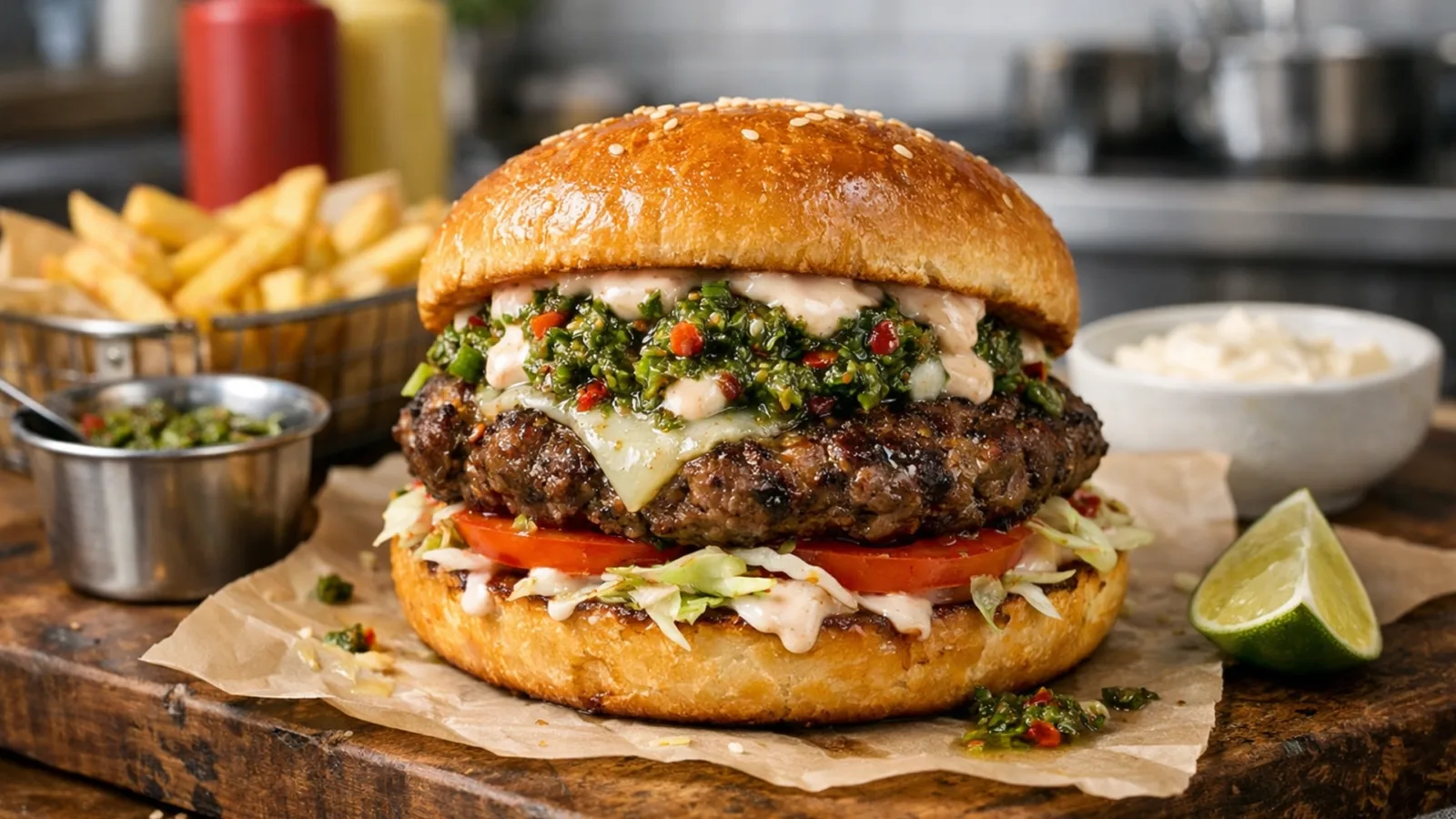 Фото блюда: Доминиканский бургер чимичурри с сочной говяжьей котлетой