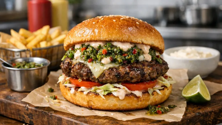 Фото блюда: Доминиканский бургер чимичурри с сочной говяжьей котлетой