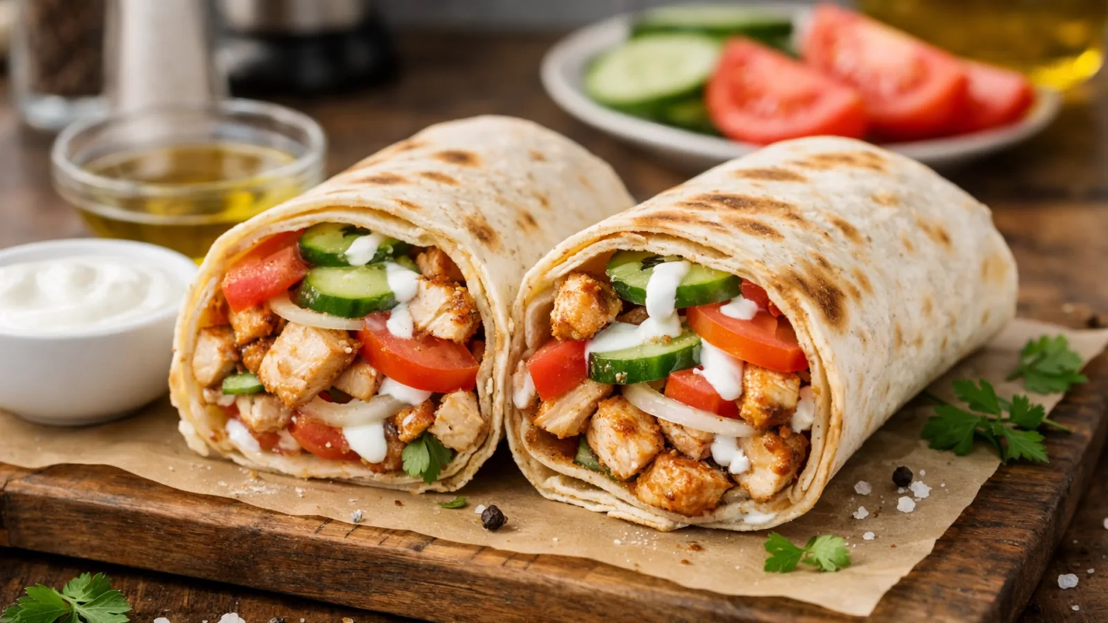 Фото блюда: Донер кебаб с курицей в лаваше и овощами, рецепт с фото