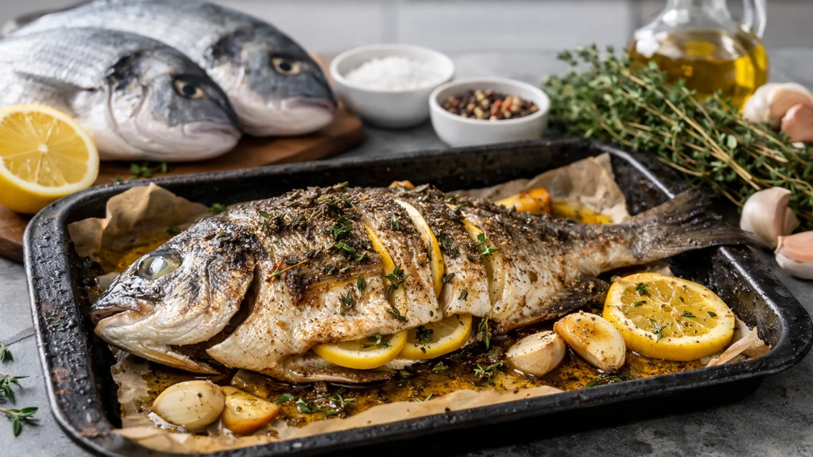 Фото блюда: Сочная дорадо запеченная с лимоном и ароматными травами