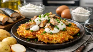 Фото рецепта: Хрустящие драники с копченой скумбрией и сметаной