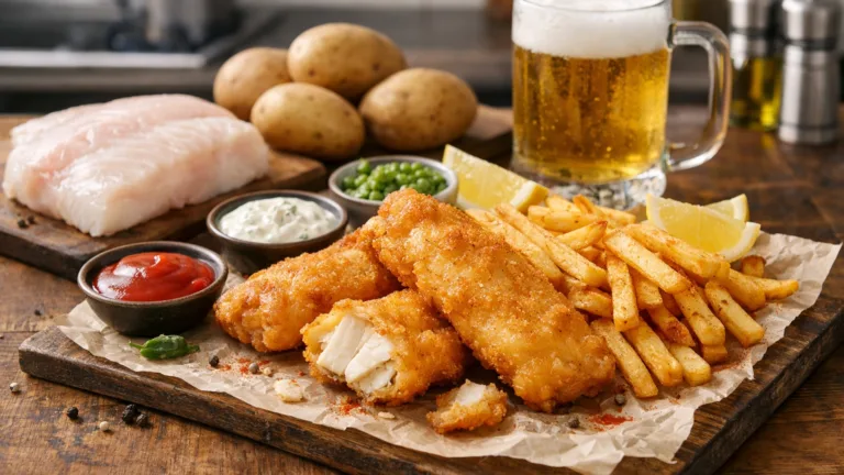 Фото блюда: Фиш энд чипс из трески в пивном кляре с картофелем фри