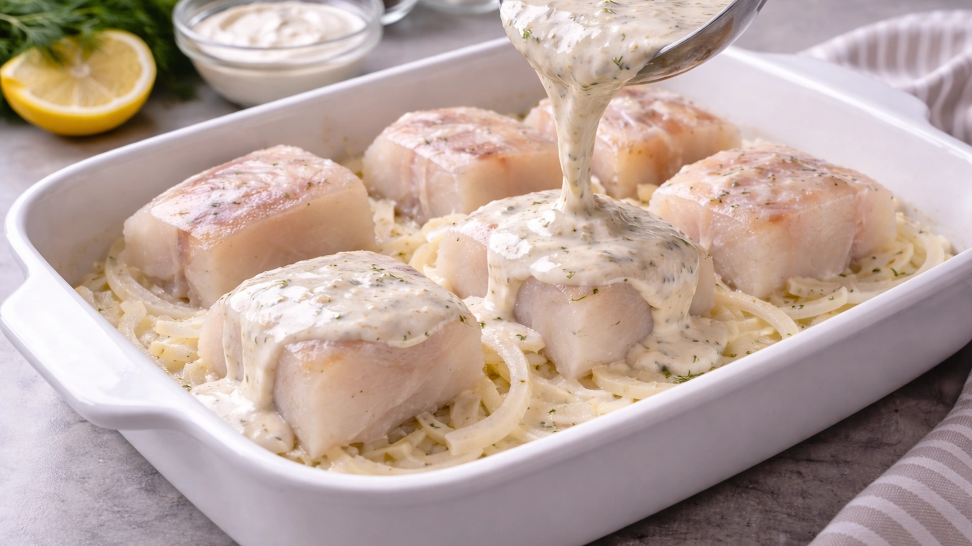 Минтай в форме со сливочным соусом