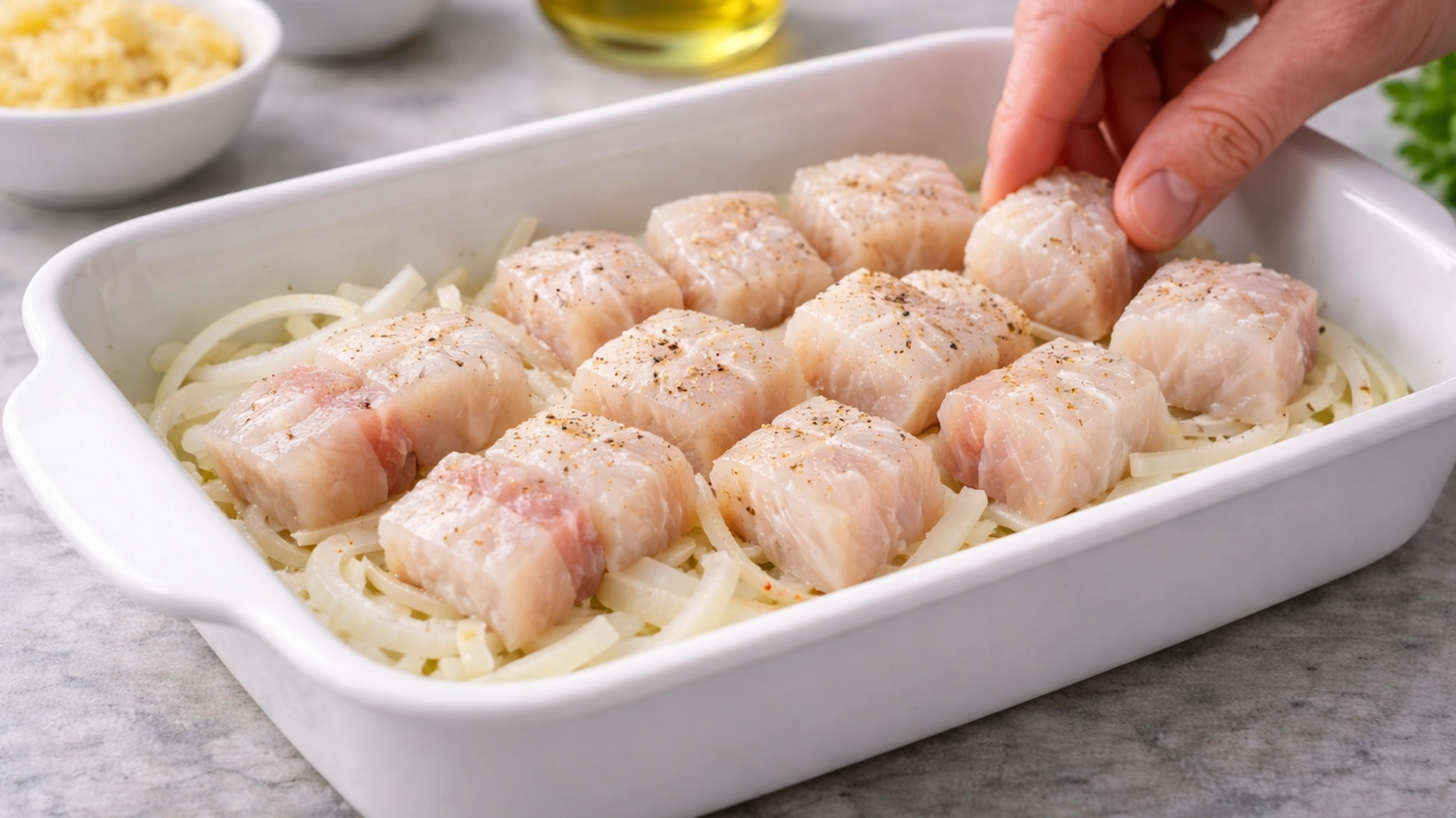 Минтай и помидоры в форме для запекания