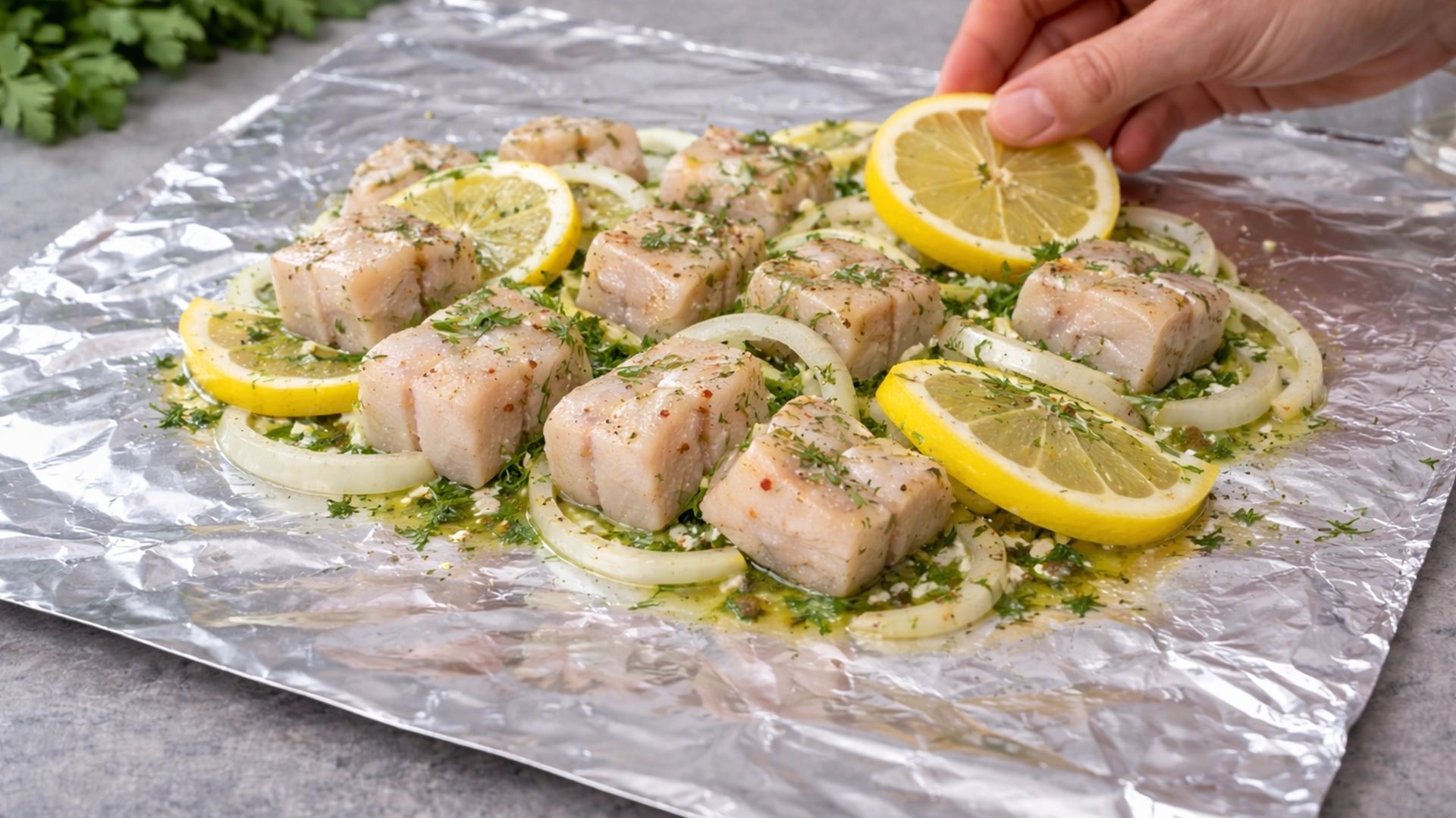 Минтай с лимоном на фольге