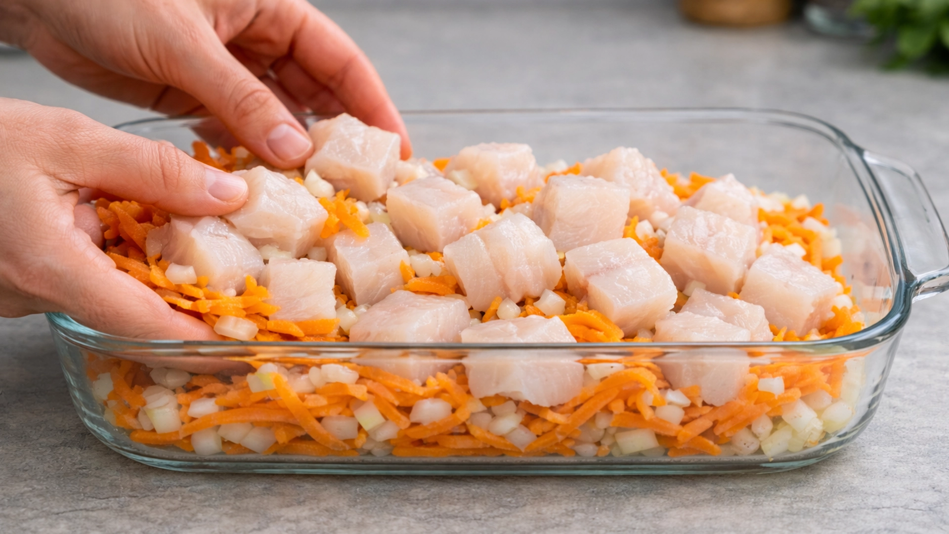 Минтай с луком и морковью в форме для запекания