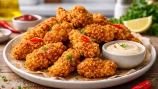 Фото рецепта: Фрайд чикен острые куриные кусочки в панировке