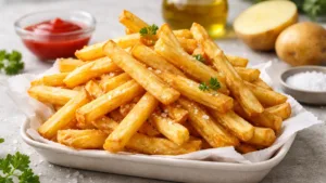 Фото блюда: Золотистая картошка фри с хрустящей корочкой и мягкой серединой.
