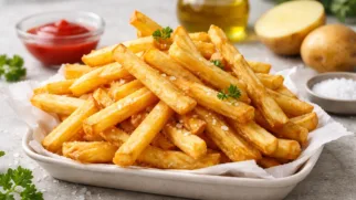 Фото рецепта: Золотистая картошка фри с хрустящей корочкой и мягкой серединой.