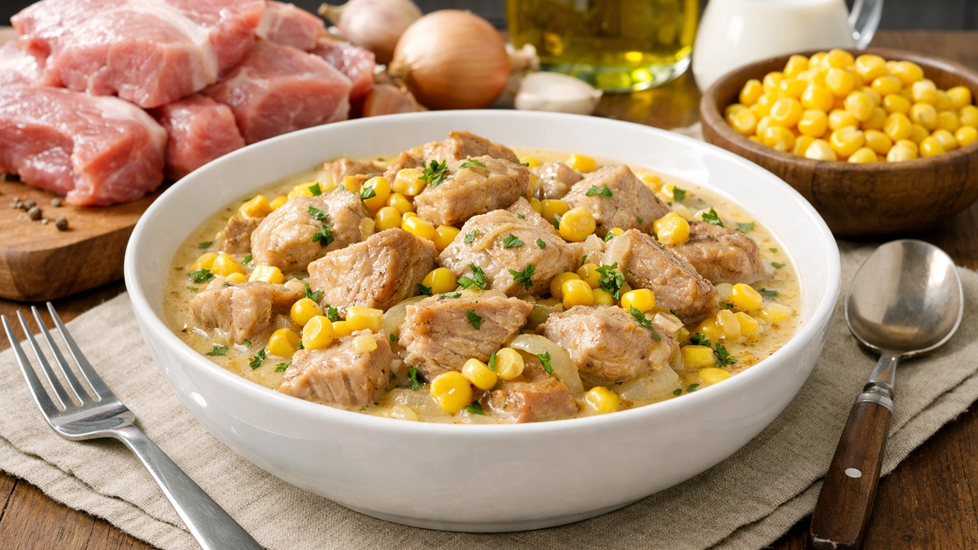 Фото блюда: Фрикассе из свинины с кукурузой