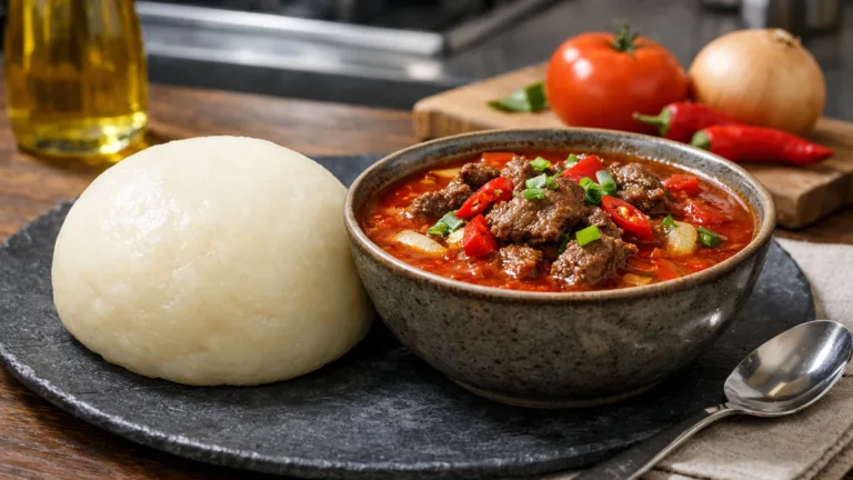 Фото блюда: Плотное пюре из маниоки с насыщенным мясным супом.