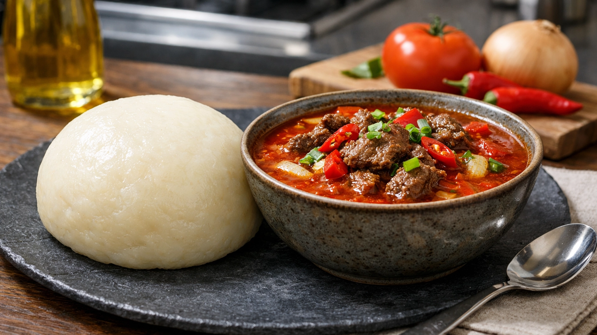 Фото блюда: Плотное пюре из маниоки с насыщенным мясным супом.