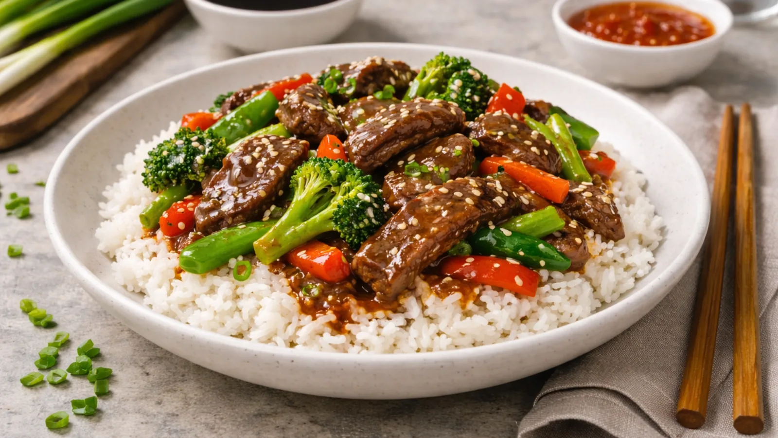 Фото блюда: Говядина в устричном соусе с овощами и рисом рецепт паназиатского блюда