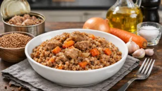 Фото рецепта: Гречка с тушенкой из свинины морковью и луком по домашнему