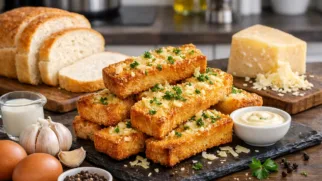 Фото рецепта: Золотистые гренки с чесноком и сыром